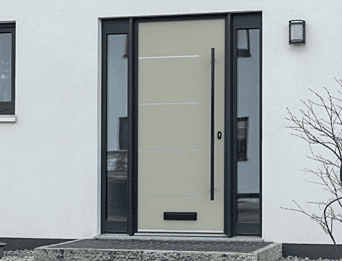 Modern Smart Signature aluminium composite entrance door in light cream with slim sightlines and black long pull handle.